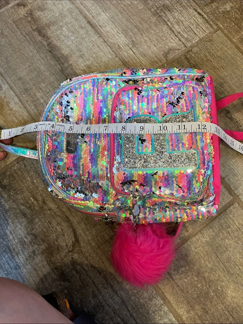 JUSTICE GIRLS SCHOOL MINI BACKPACK SILVER SEQUIN FLIP POMPOM INITIAL R 2019